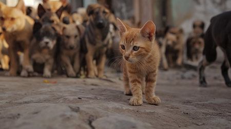 A brave cat among dogsの素材