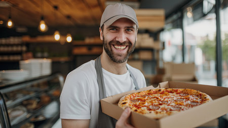 Joyful pizza delivery man holding pizza in handsの素材
