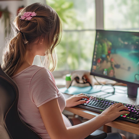 Young pregnant woman playing computer gamesの素材