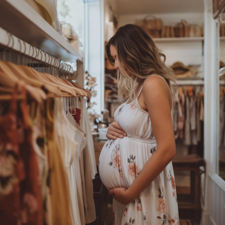 Young pregnant woman trying on clothes in storeの素材