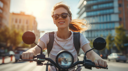 Attractive woman driving a bike on a city streetの素材