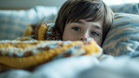 Boy lying in bed sickの素材