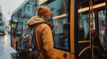 A man gets on a busの素材