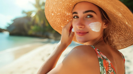 Attractive woman in hat applying sunscreen on the beachの素材