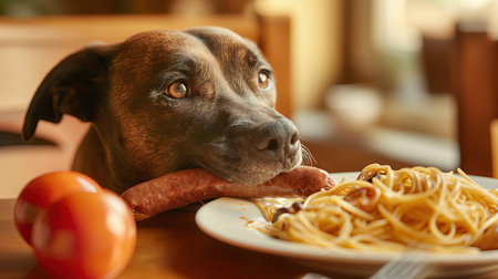 Dog stealing a sausageの素材