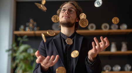 A man juggles bitcoinsの素材