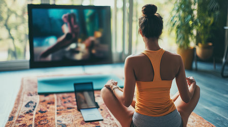 Girl doing exercises with online coachの素材