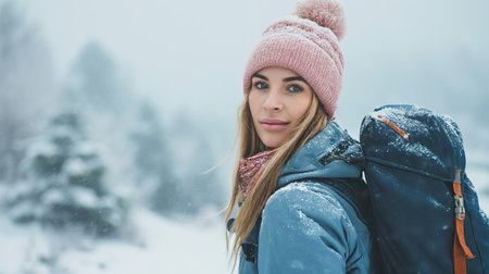 Young woman with backpack standing in winter forestの素材