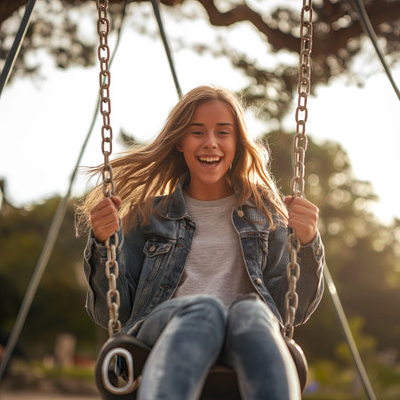 Teenage girl swinging on swing outdoorsの素材
