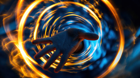 Luminous circles and a mans handの素材