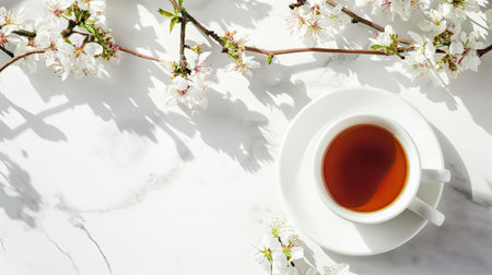 Cup of tea on white background with flowers aroundの素材