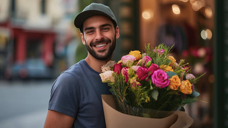 Joyful flower delivery man with bouquet of flowersの素材
