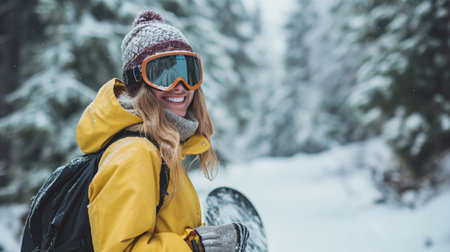 Young smiling woman dressed in ski suit standing with snowboard on ski slopeの素材