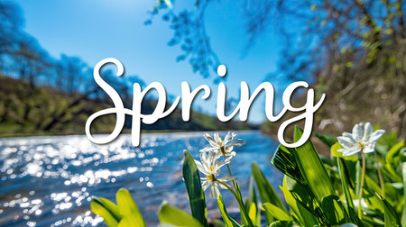 Inscription Spring on the background of summer forest and blue skyの素材