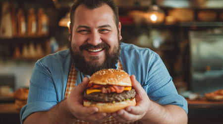 Fat joyful man eating burgerの素材