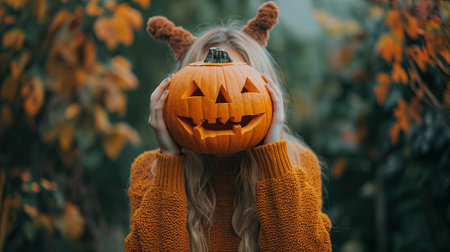 Girl holding a pumpkin for Halloween in front of her headの素材