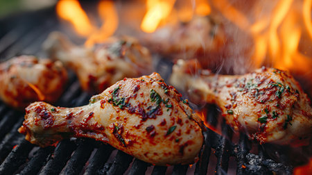 Spicy chicken legs are grilled on a wire rackの素材