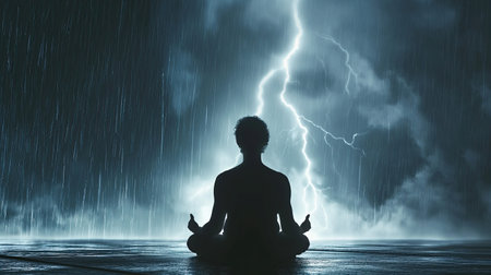 Man sitting in lotus position on the background of rainの素材