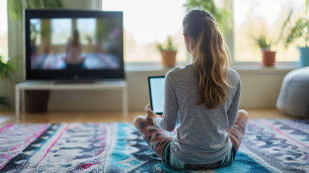 Girl doing exercises with online coachの素材
