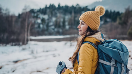 Young woman with backpack standing in winter forestの素材