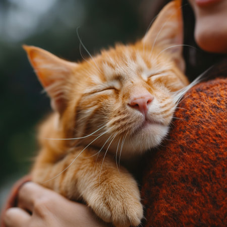 A satisfied cat rubs against its ownerの素材