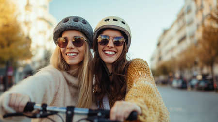 Two joyful women on electric scootersの素材