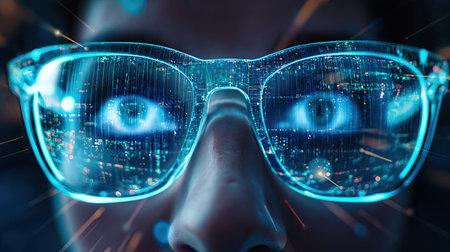 Glowing hologram in virtual glasses in front of a persons eyesの素材