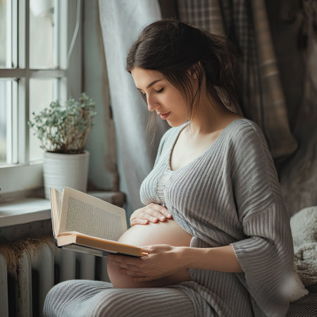 Young pregnant woman reading a book on the couchの素材