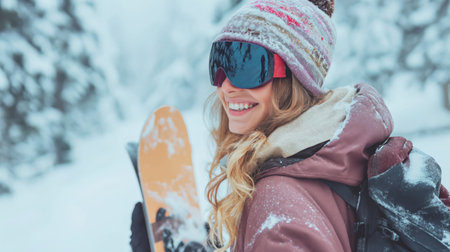 Young smiling woman dressed in ski suit standing with snowboard on ski slopeの素材