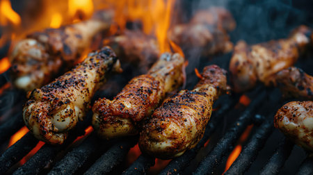 Spicy chicken legs are grilled on a wire rackの素材