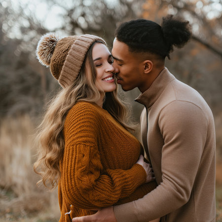 Young man kissing young pregnant womanの素材