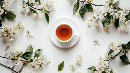Cup of tea on white background with flowers aroundの素材
