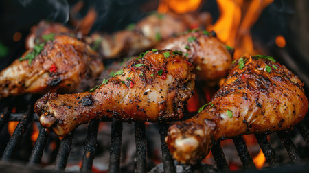 Spicy chicken legs are grilled on a wire rackの素材