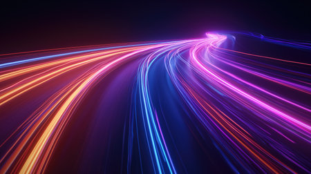 Curved high-speed light lines on a dark backgroundの素材