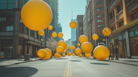 Large yellow balls at the intersection of city roadsの素材