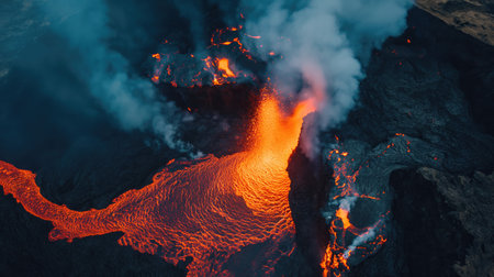 Aerial view by drone of lava river from volcanoの素材