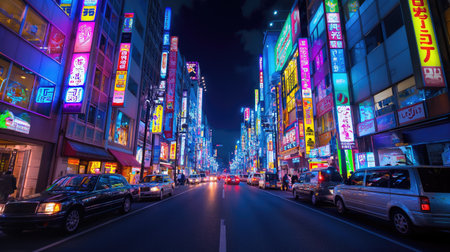 Big city street at night with skyscrapers and neon signsの素材