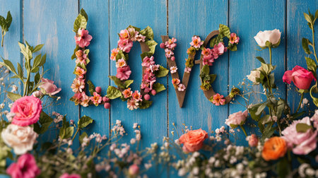 Inscription Love decorated with flowersの素材