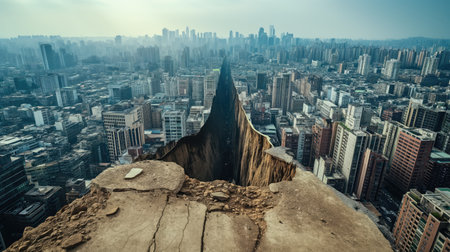 A fault in the earths crust in the middle of a large city with skyscrapersの素材