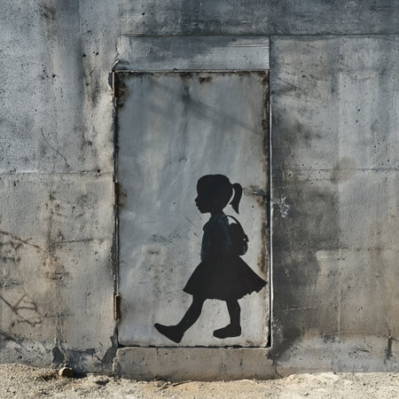 Black silhouette of a girl with a school backpack drawn on a concrete wallの素材