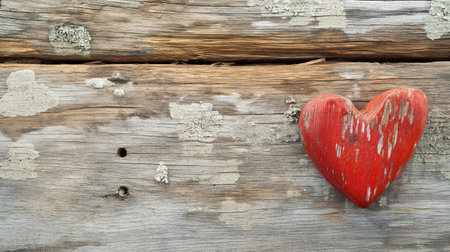 Red Wooden Heart on Old Wooden Planksの素材