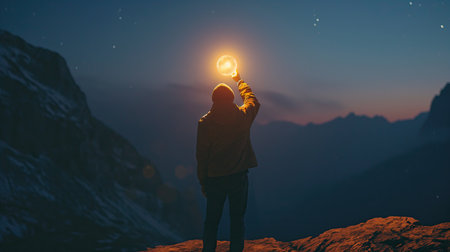 Man holding a very bright sphere above his headの素材
