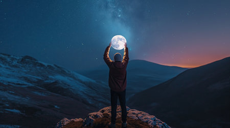 Man holding a very bright sphere above his headの素材