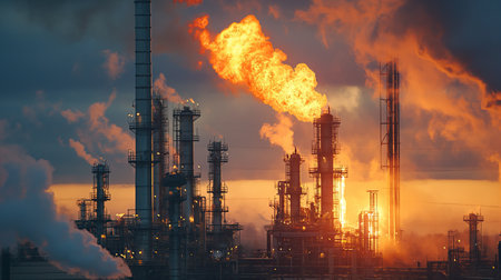 Burning oil refinery in the daytimeの素材