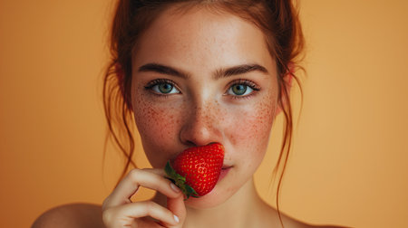 Cute woman with strawberry in handの素材