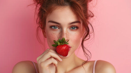Cute woman with strawberry in handの素材