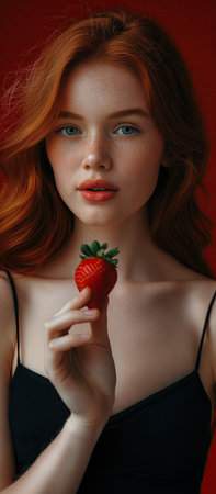 Cute woman with strawberry in handの素材