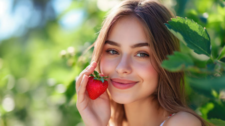 Cute woman with strawberry in handの素材