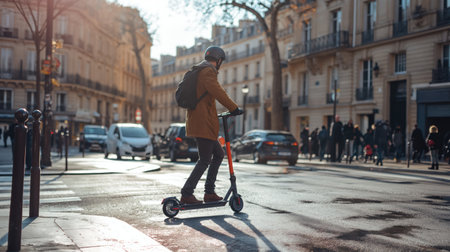 A man rides an electric scooterの素材