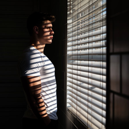 A young man at the windowの素材